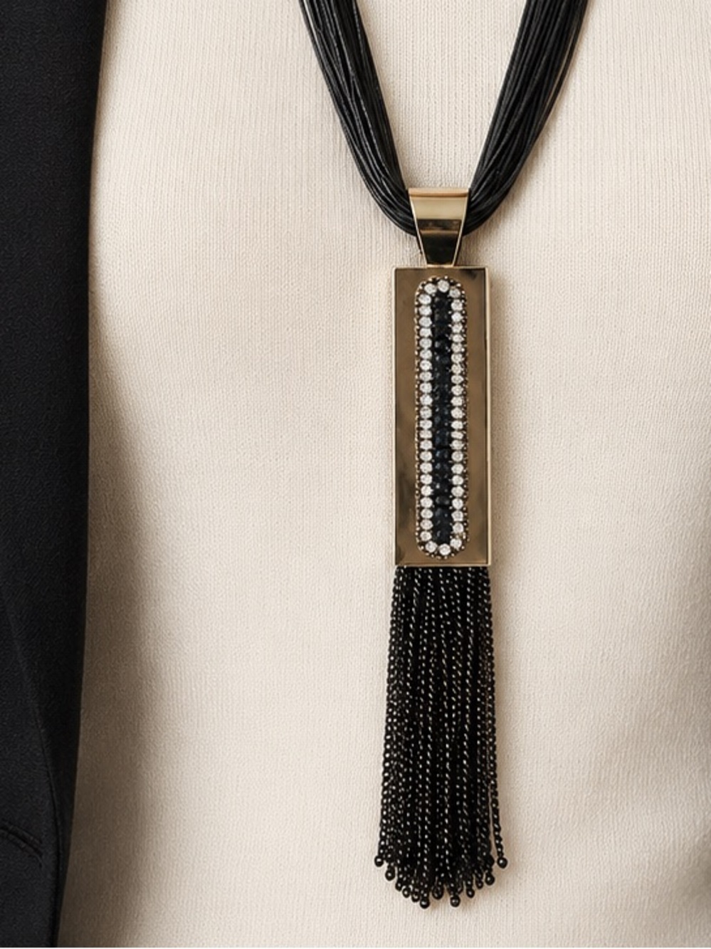 Black & Gold Tone Rhinestone Chain Tassel Necklace